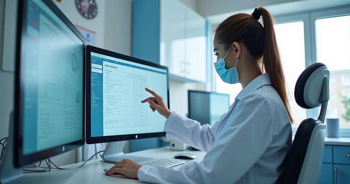Dentista opera computador com paciente no consultório 