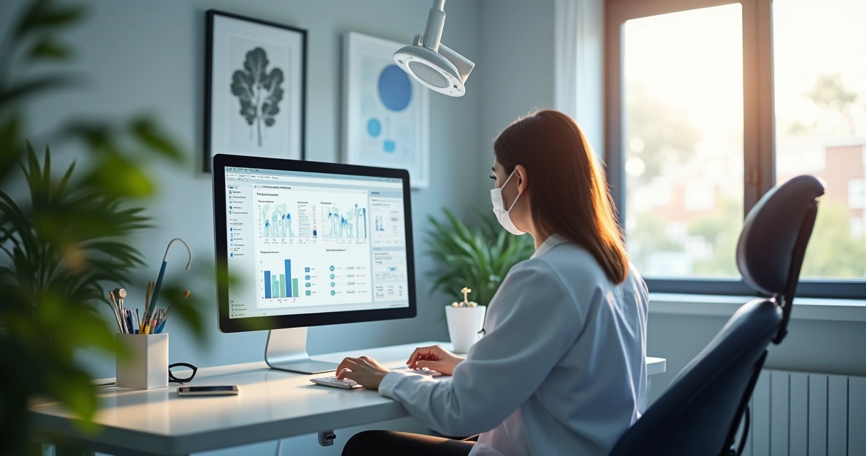 Dentista usando computador em consultório moderno