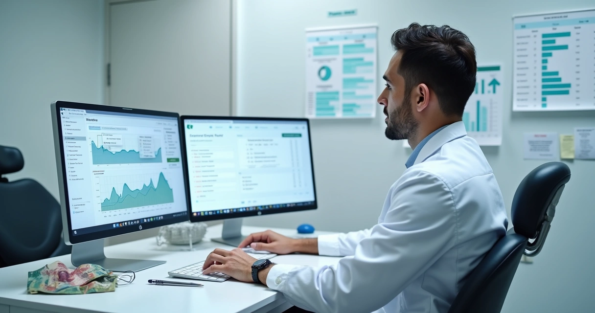Dentista analisando dados de marketing no computador