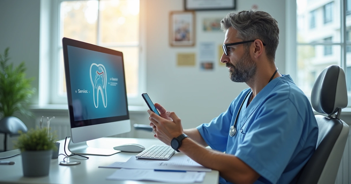 Dentista em escritório com expressão preocupada diante de mensagens confusas no computador e smartphone 