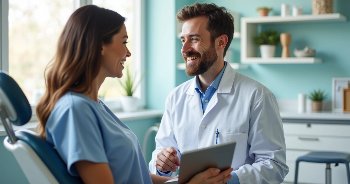 Dentista conversando com paciente em consultório