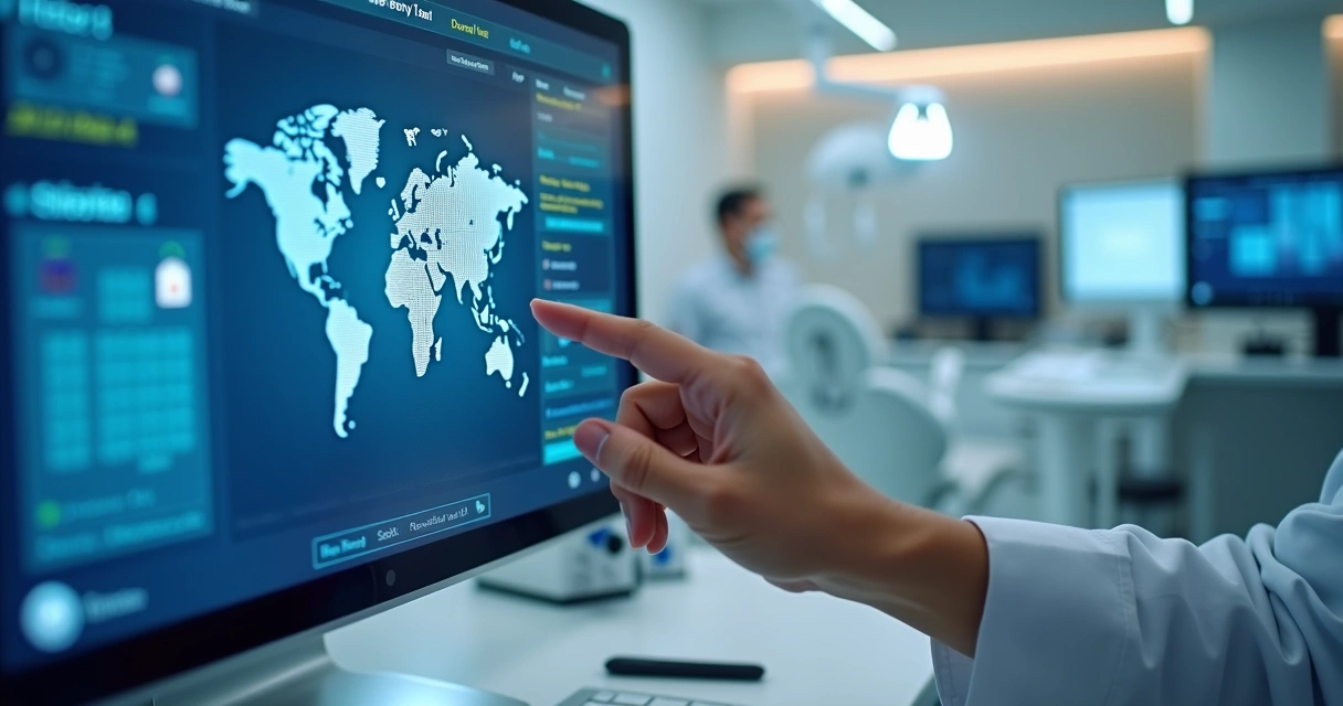 Dentista vê prontuário digital no computador, consultório moderno ao fundo 