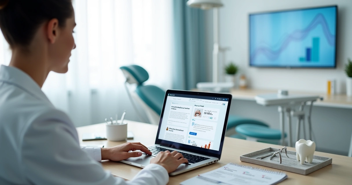 Dentista planejando blog odontológico em notebook com gráficos de desempenho 