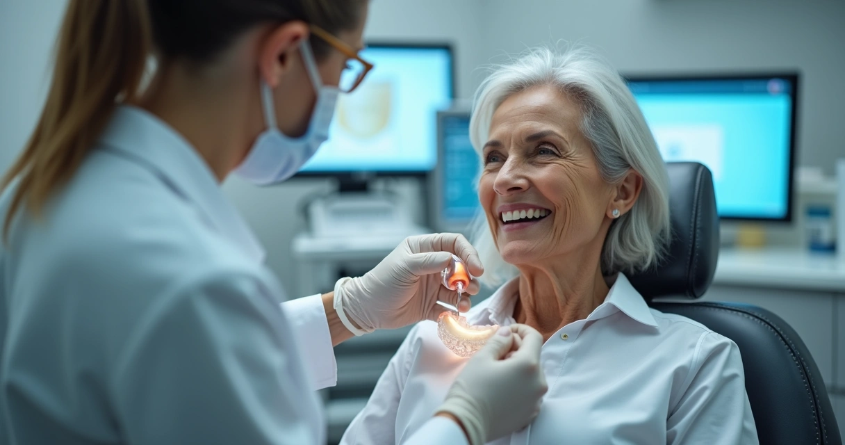 Dentista faz ajuste em prótese protocolo híbrido em paciente 
