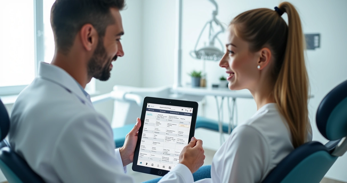 Dentista e paciente discutindo agendamento na clínica, ambos sentados frente a frente com agenda digital aberta 