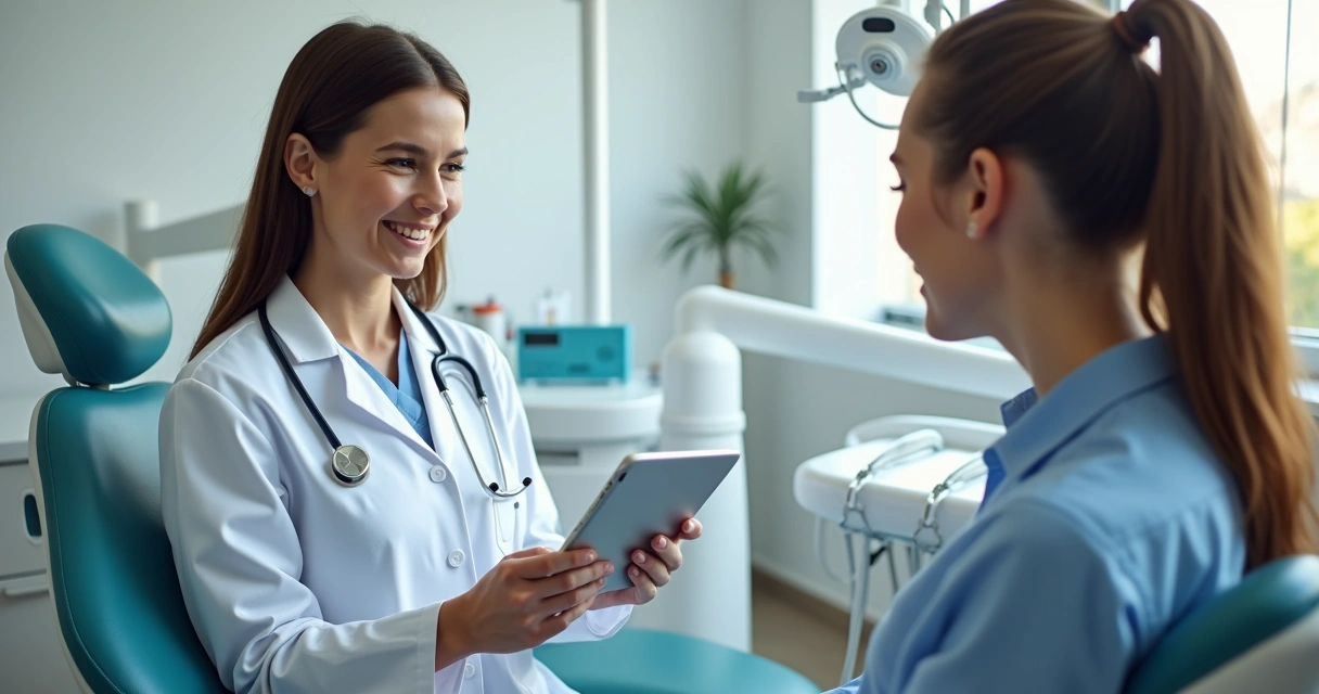 Dentista mostrando informações para paciente em tablet 
