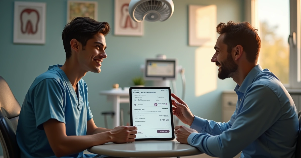 Dentista e paciente conversando sobre formas de pagamento na clínica 
