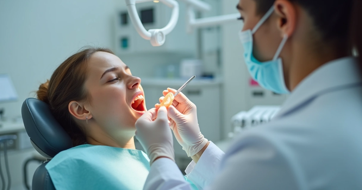 Dentista avaliando prótese flexível em consultório moderno