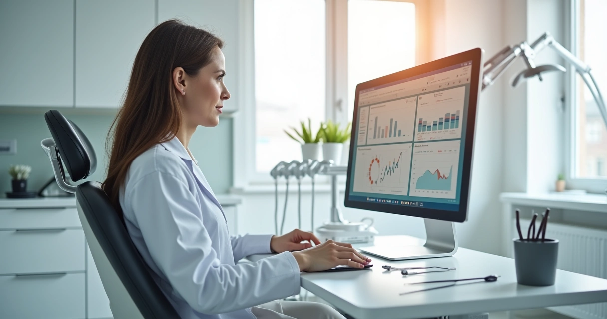 Consultório odontológico moderno com computador mostrando gráficos de desempenho