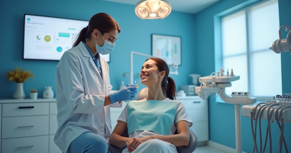 Dentista em consultório moderno de odontologia estética com paciente 