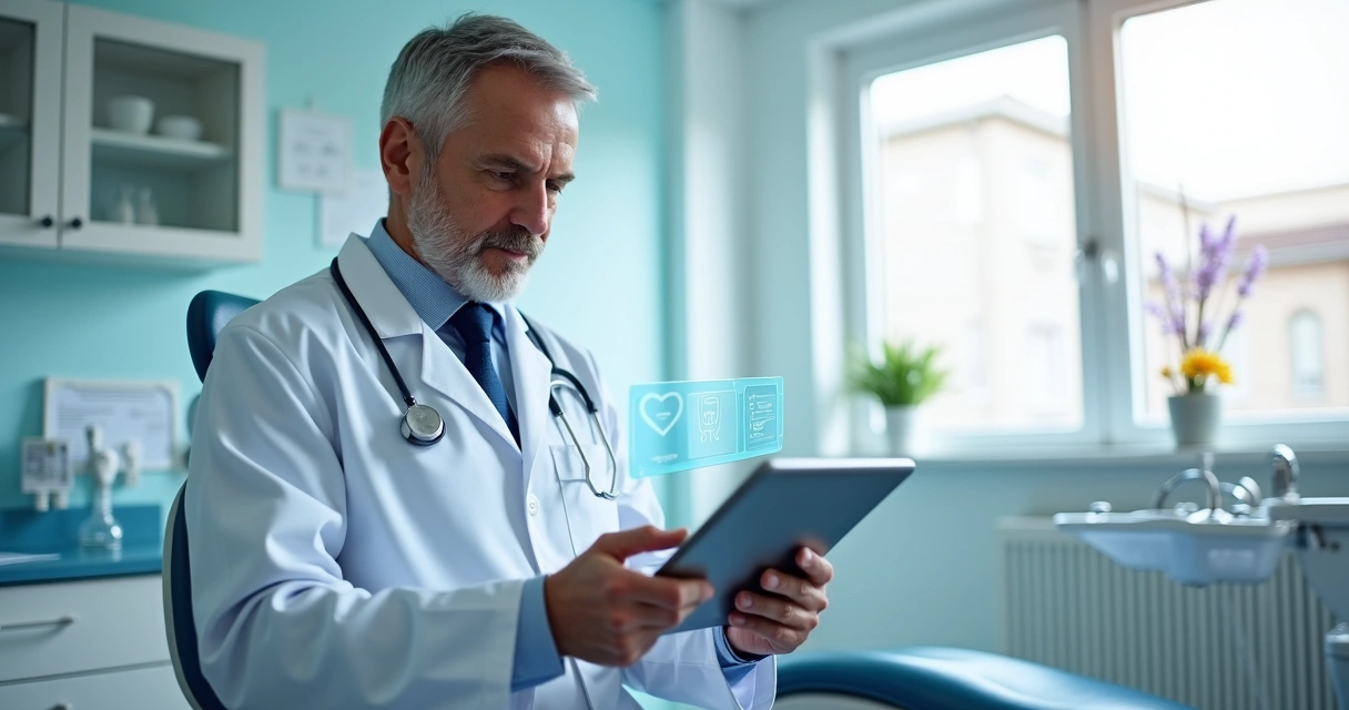 Dentista olha para um tablet ao lado de uma cadeira odontológica 