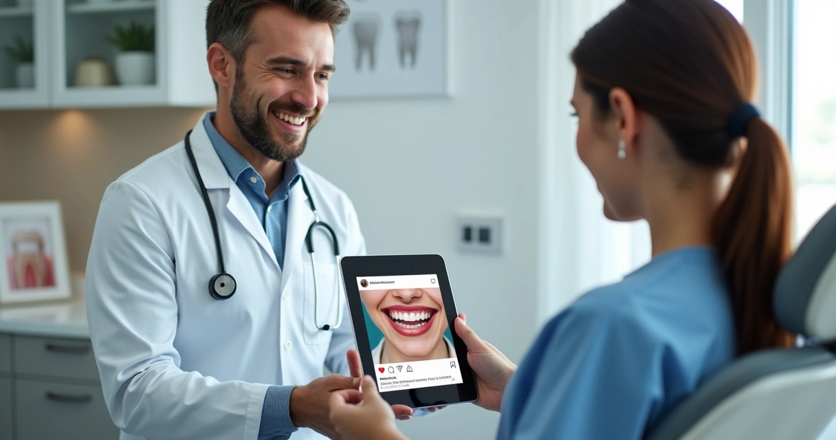 Dentista usando tablet para mostrar anúncio de tratamento dentário