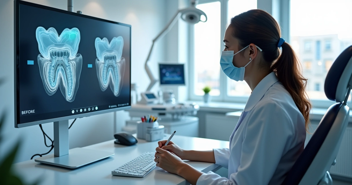 Dentista consultando tela digital com simulação odontológica feita por IA no consultório moderno 
