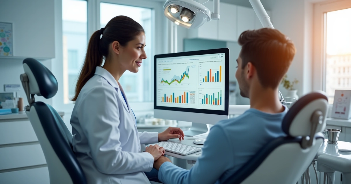 Dentista atendendo paciente no consultório com computador ao lado exibindo gráficos de marketing digital 