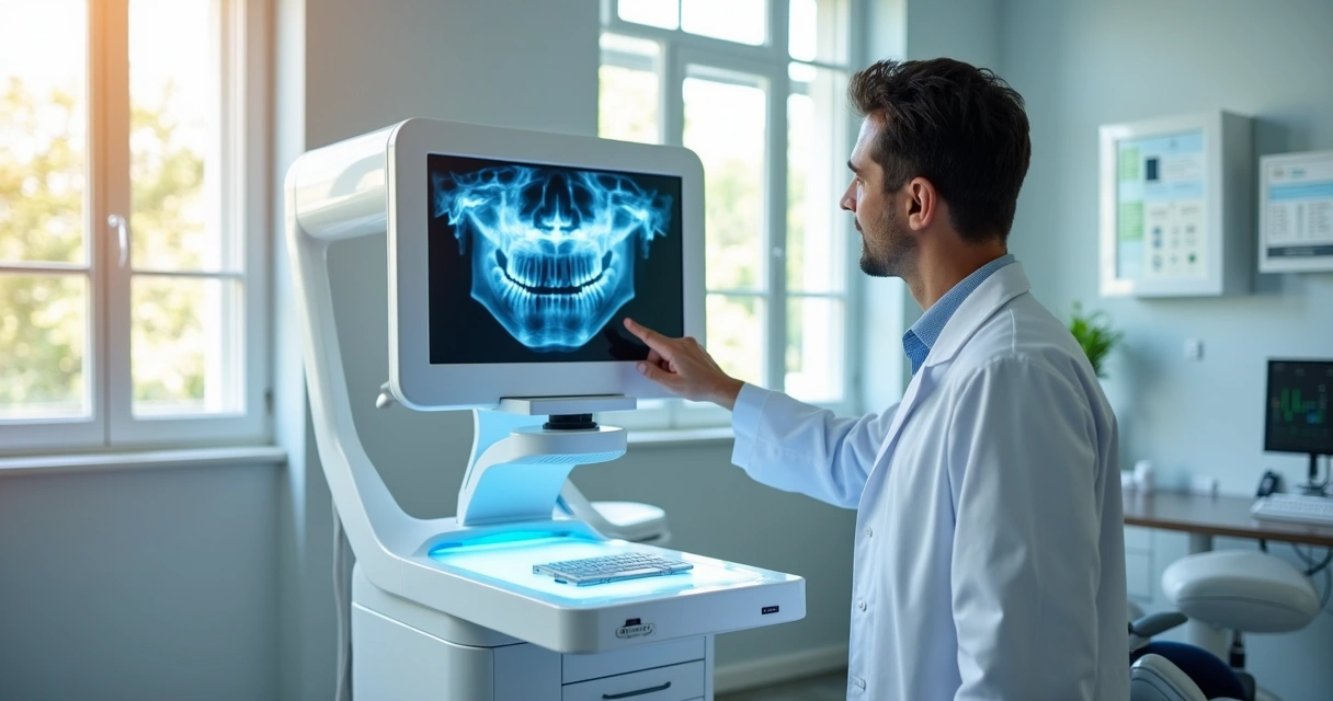 Dentista mostrando equipamento moderno em consultório 