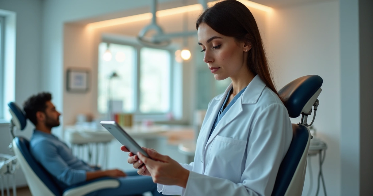 Dentista organizando agenda no consultório com paciente ao fundo