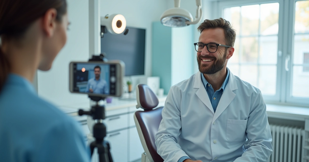 Dentista gravando conteúdo para redes sociais na clínica 