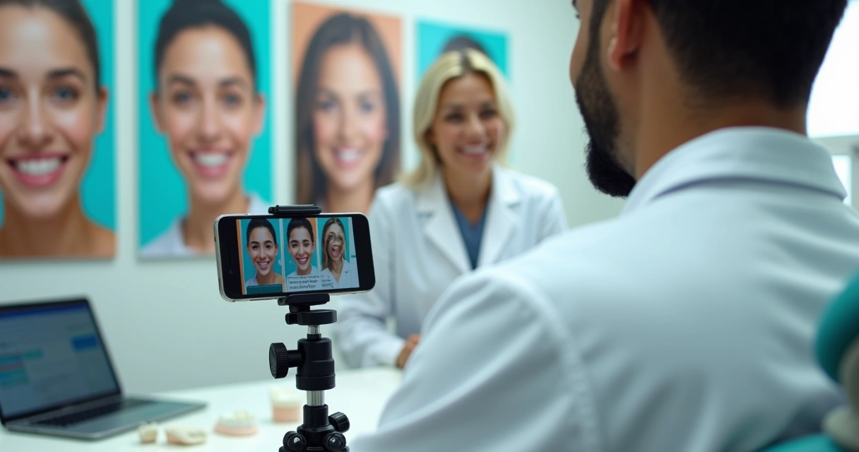 Dentista gravando vídeo informativo com equipamentos odontológicos visíveis 