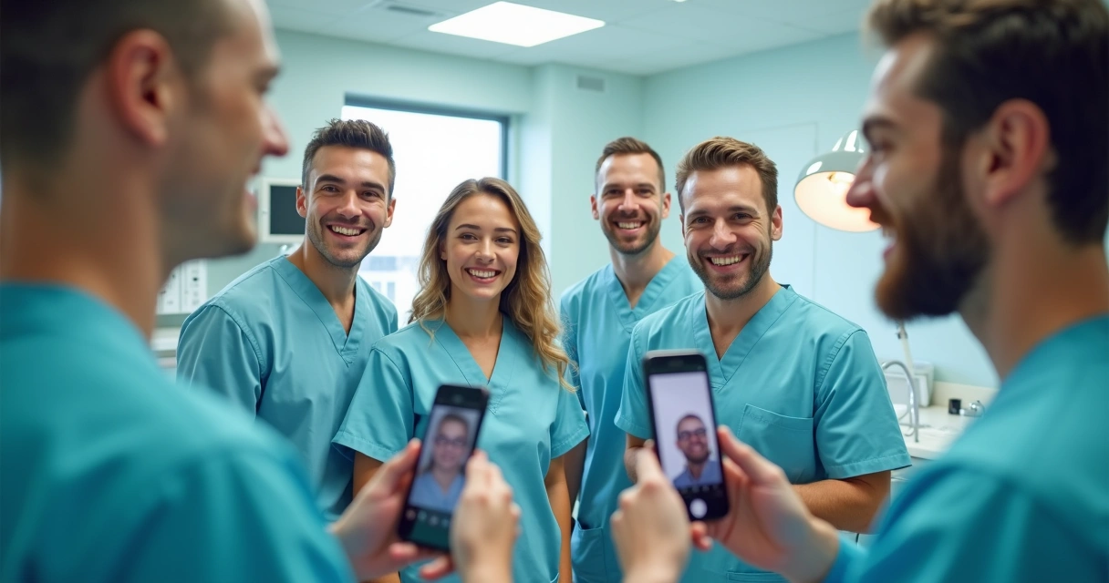 Equipe de dentistas sorrindo em consultório enquanto grava vídeo 