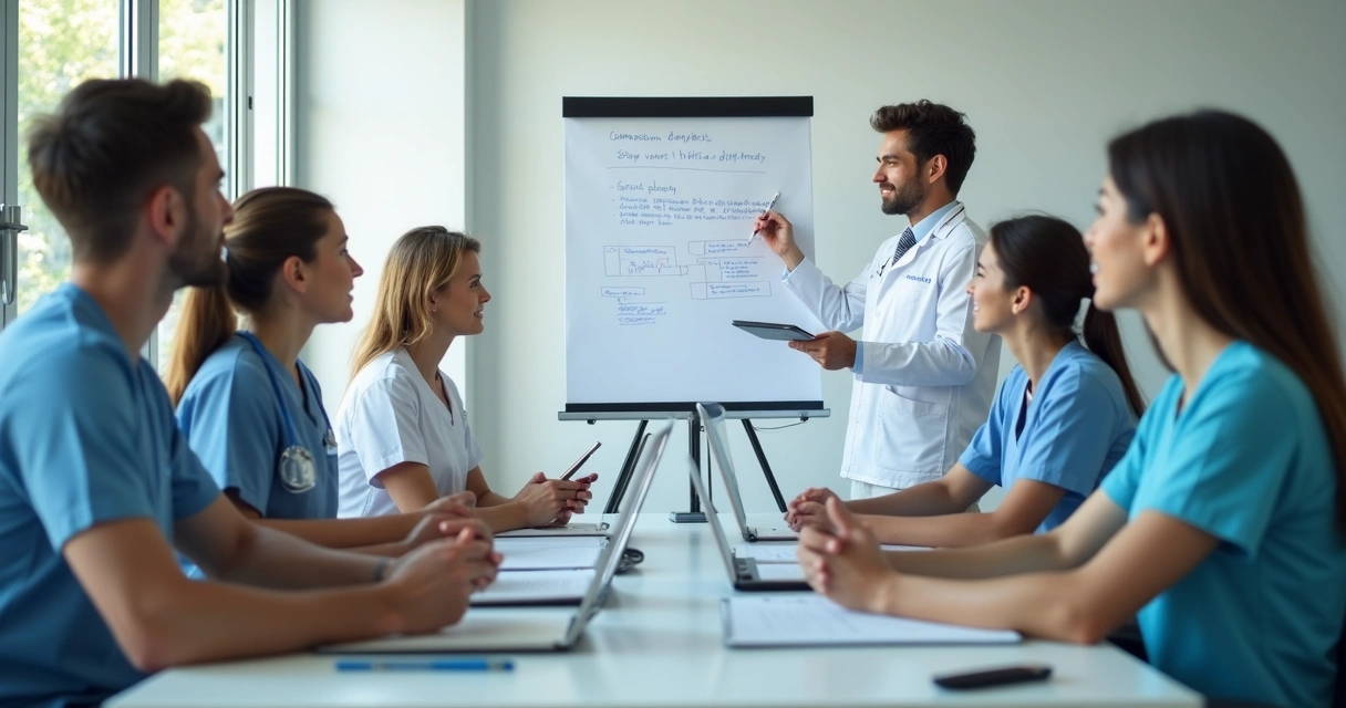 Equipe odontológica reunida discutindo regras de comissão