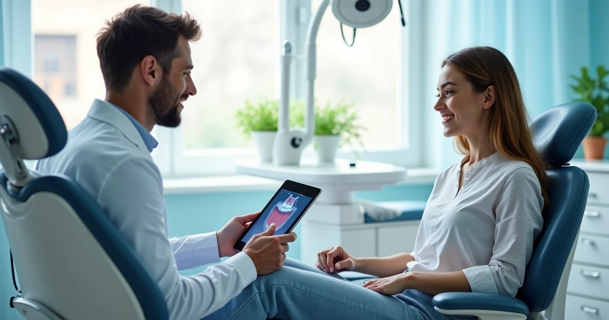 Dentista conversando com paciente sempre com atenção 