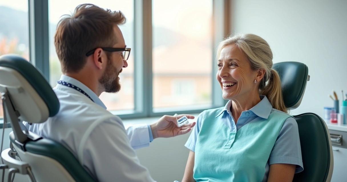 Dentista conversando com paciente em consultório odontológico, ambos sorrindo 