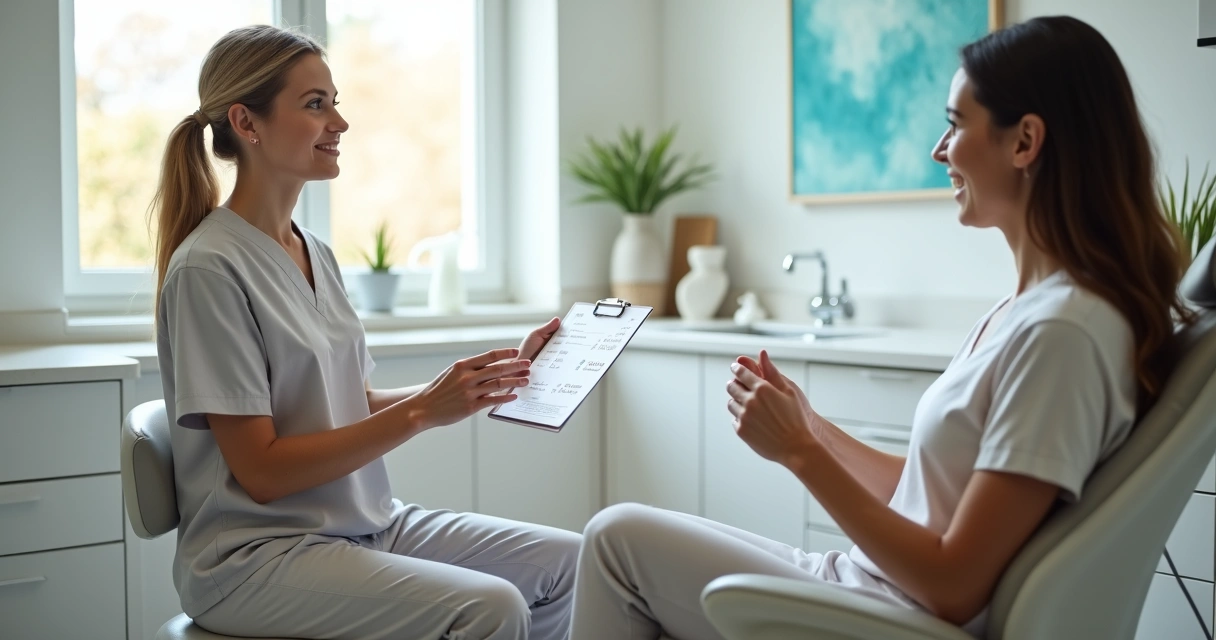 Dentista conversando com paciente mostrando acolhimento em consultório moderno 