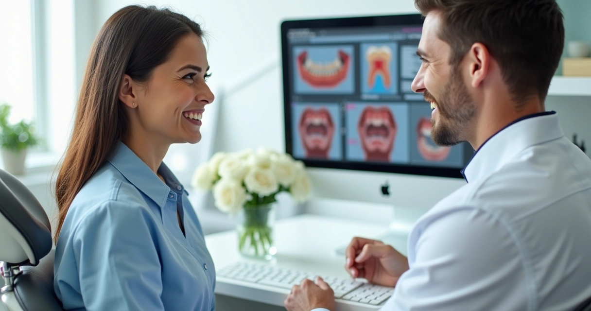 Paciente recebendo explicação de tratamento com computador ao lado