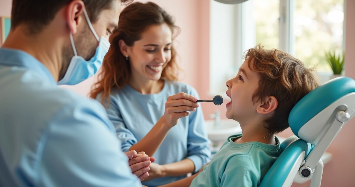 Dentista mostrando espelho para criança durante consulta odontológica 