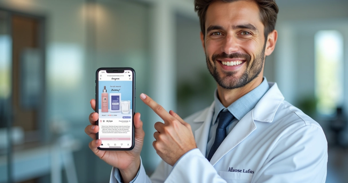 Dentista segurando celular com Instagram Shopping aberto
