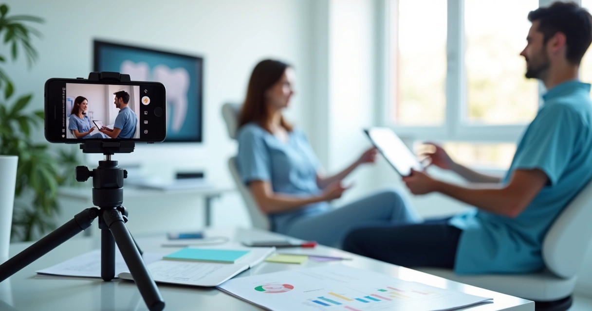 Dentista grava vídeo educativo sobre tratamentos odontológicos com paciente em clínica moderna 