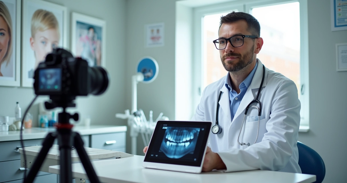 Dentista gravando vídeo educativo para redes sociais no consultório 
