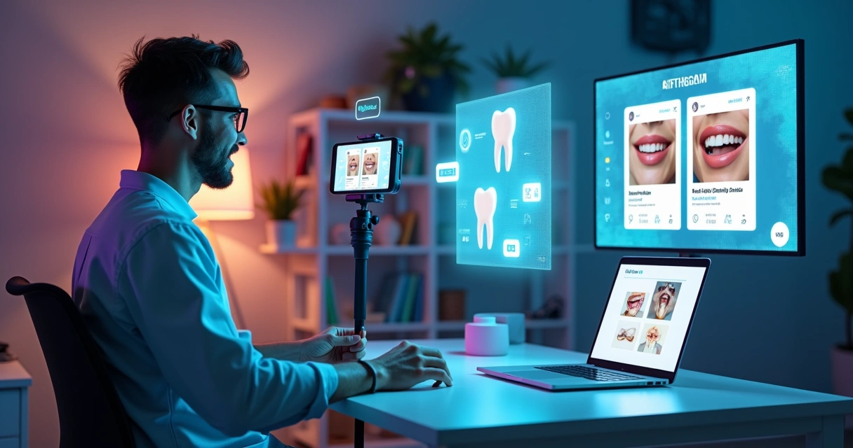 Dentista em estúdio doméstico gravando conteúdo para Instagram com assistente de IA holográfico 