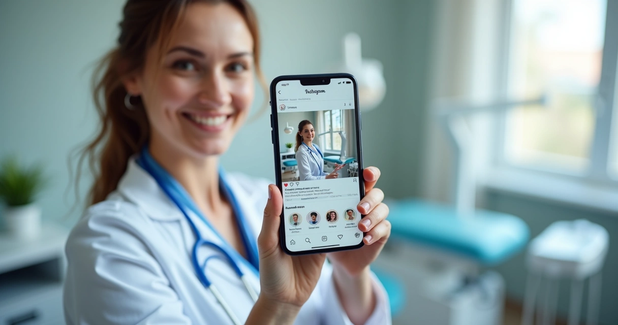 Dentista segurando celular mostrando story interativo 