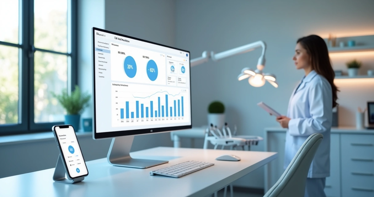 Dentista analisando painel de CRM odontológico com gráficos de crescimento em clínica moderna 