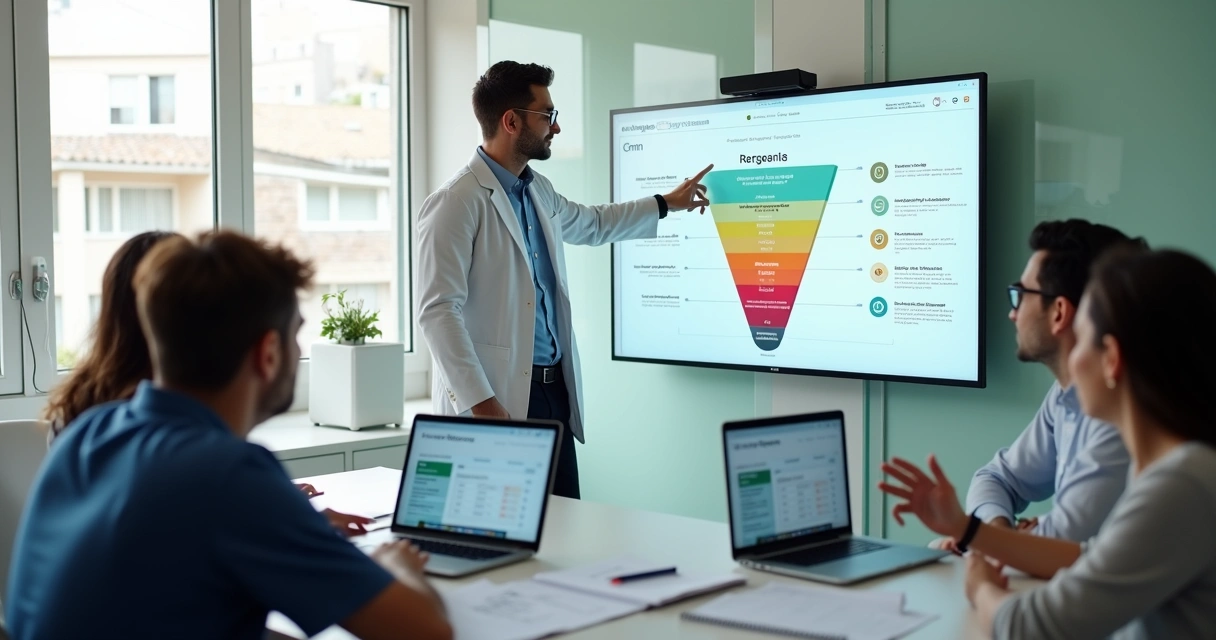Dentista analisando funil de vendas em CRM de clínica odontológica em tela grande 