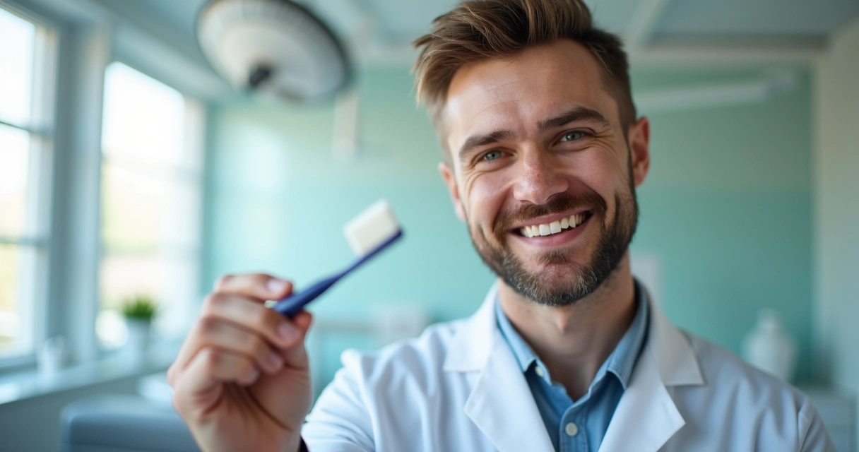 Dentista explica dica rápida segurando escova de dentes 