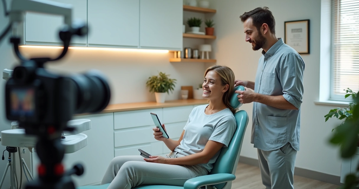 Dentista grava depoimento em vídeo com paciente sorrindo na cadeira 