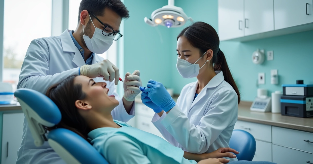 Dentista analisando hálito do paciente no consultório 