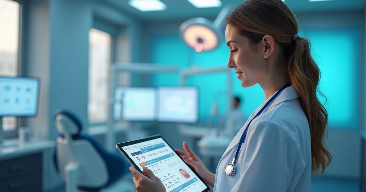 Dentista analisando orçamentos digitais em tablet na clínica 