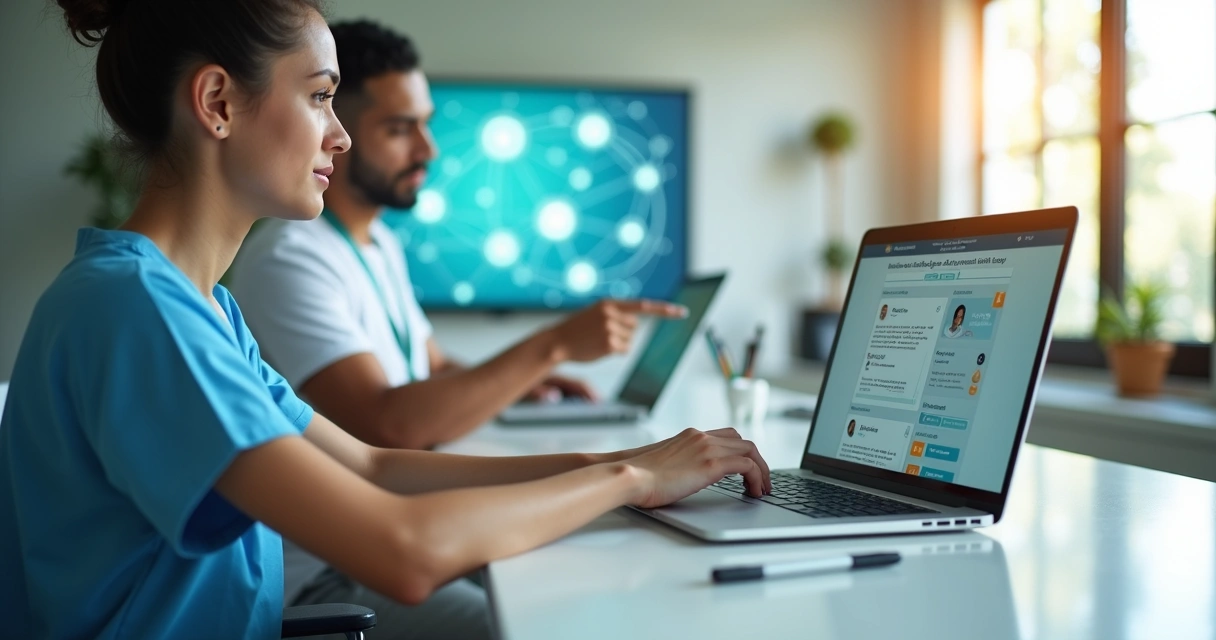Dentista e auxiliar odontológica revisando currículo online em plataforma digital de empregos na odontologia 
