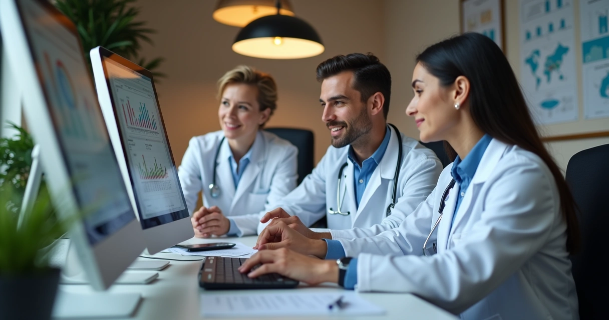 Dentista e equipe discutindo estratégias de marketing digital para clínica odontológica em escritório moderno 