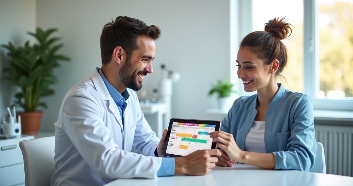 Dentista e paciente sorrindo enquanto conferem agenda digital para reagendar consulta odontológica 