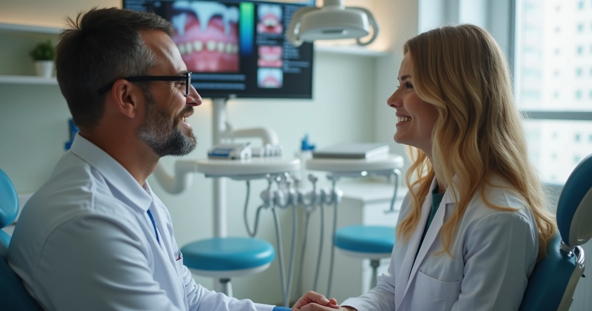 Dentista conversando com paciente durante avaliação na clínica 