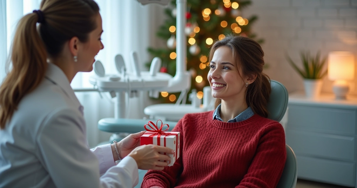 Dentista entrega presente para paciente em campanha sazonal