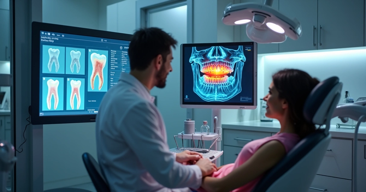 Dentista acompanha dados em tela digital e interage com paciente na cadeira odontológica 