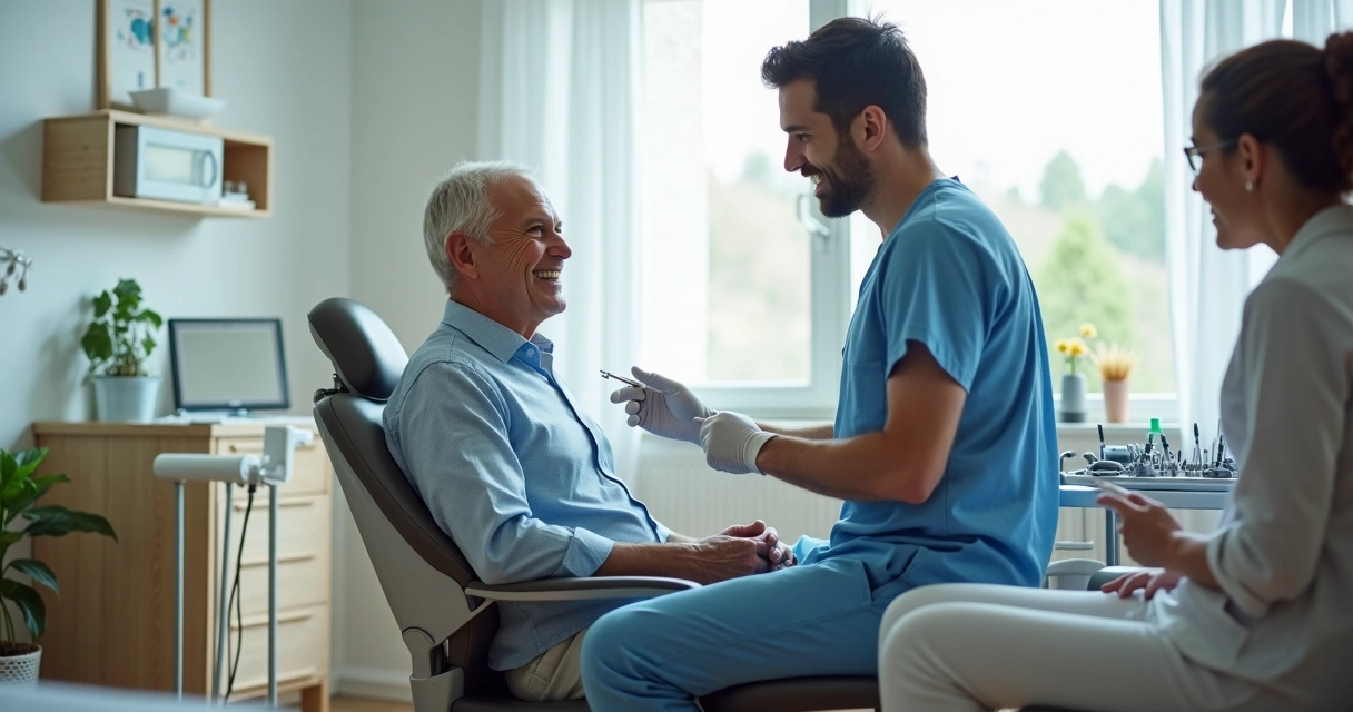 Dentista realizando avaliação bucal em paciente no quarto 