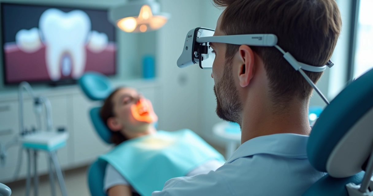 Dentista realizando tratamento endodôntico com lupas Zumax de magnificação 