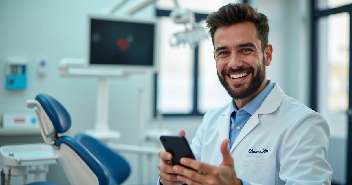 Dentista grava stories para redes sociais com celular na mão 