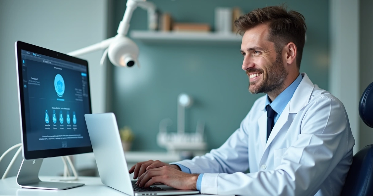 Dentista em consultório enviando email para pacientes em um notebook